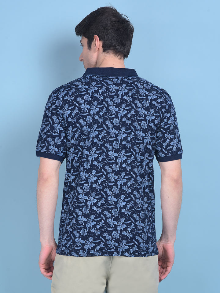 Navy Blue Floral Print T-Shirt-Men T-Shirts-Crimsoune Club