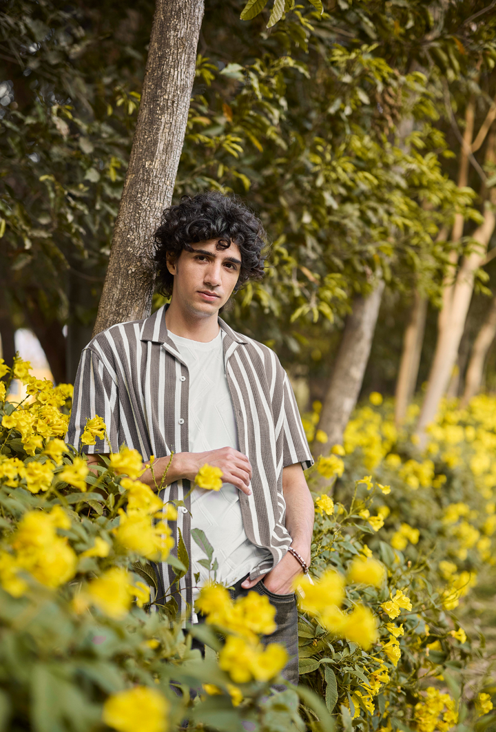 Brown Vertical Stripes Cuban Collar 100% Cotton Knitted Shirt-Men Shirts-Crimsoune Club