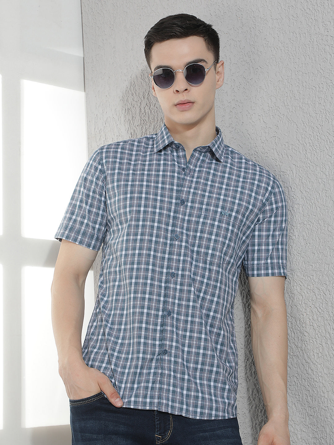 Blue Checked 100% Cotton Shirt-Men Shirts-Crimsoune Club