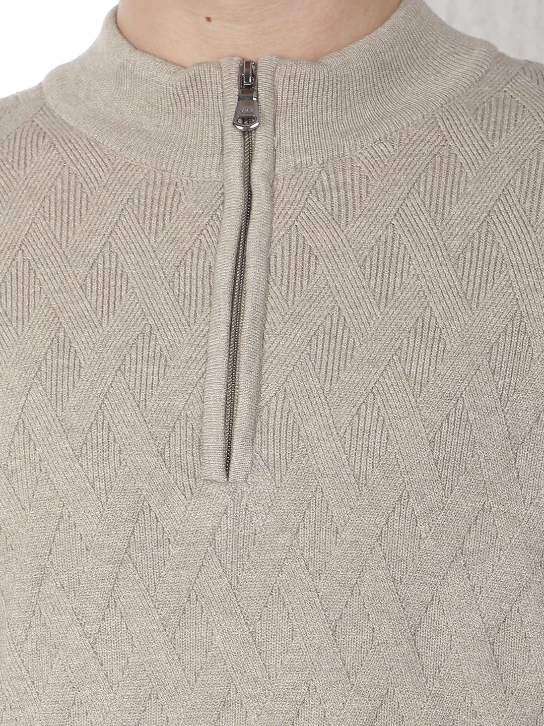 Beige Jacquard High Neck Sweater