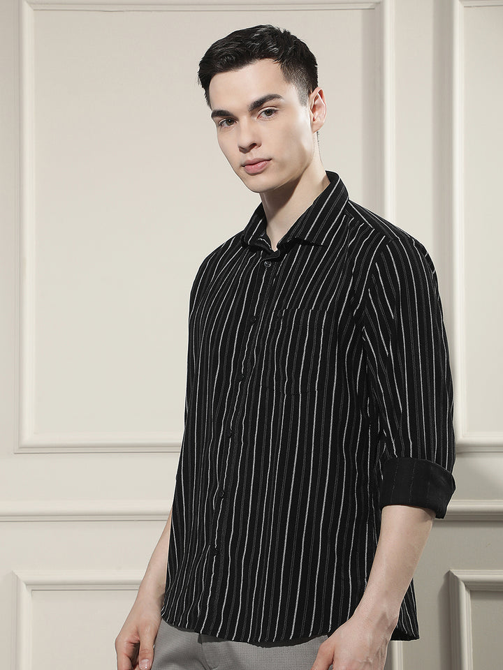 Black Vertical Stripes 100% Cotton Corduroy Shirt