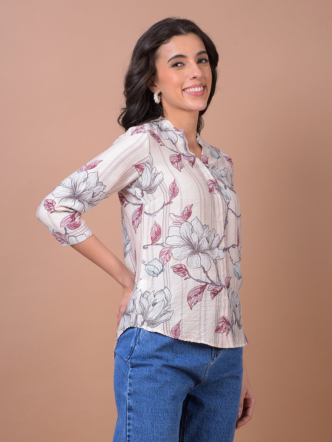 Maroon Floral Print V-Neck Shirt