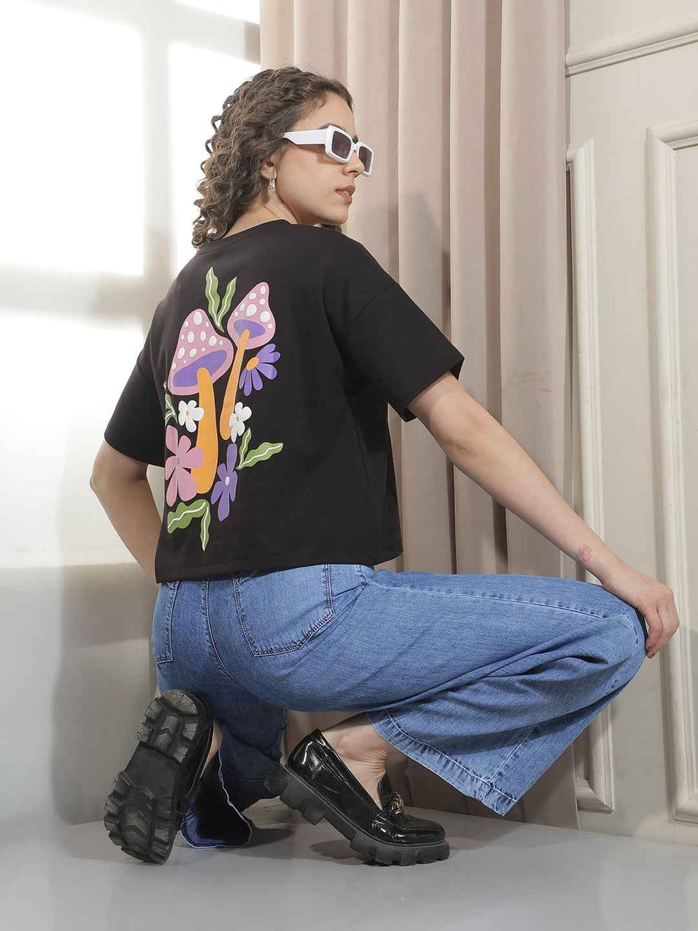 Black Typographic Printed Crop Oversize T-Shirt