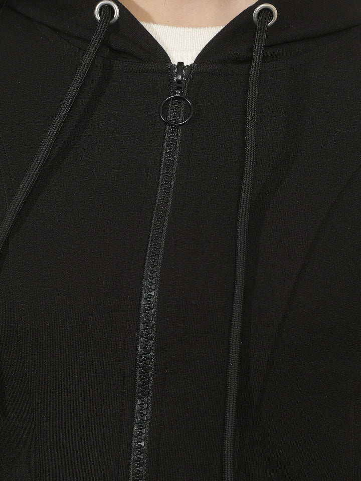 Black Hooded Cropped Front-Open Sweatshirt