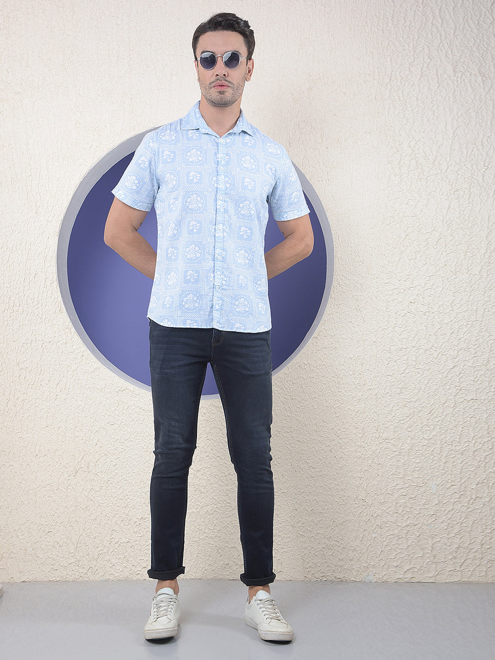 Blue Floral Printed 100% Cotton Shirt