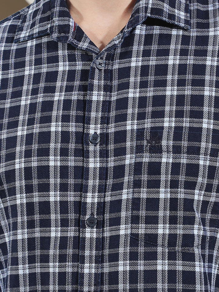 Navy Blue 100% Cotton Checked Shirt