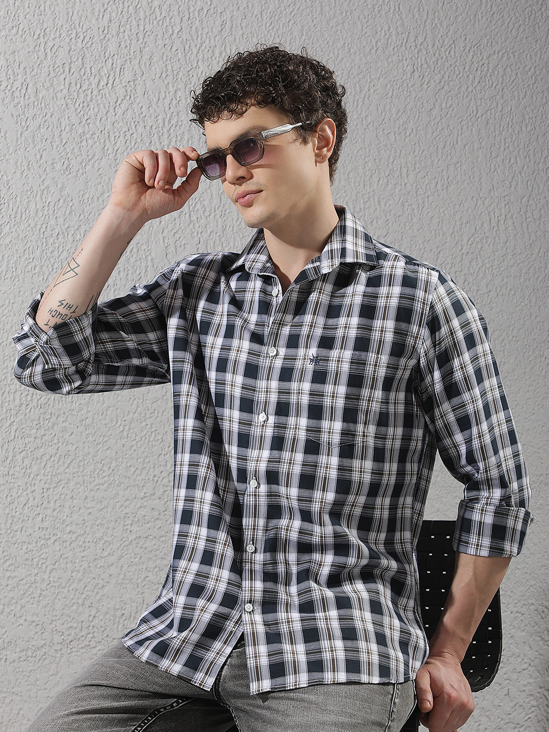 Navy Blue Checked 100% Cotton Shirt