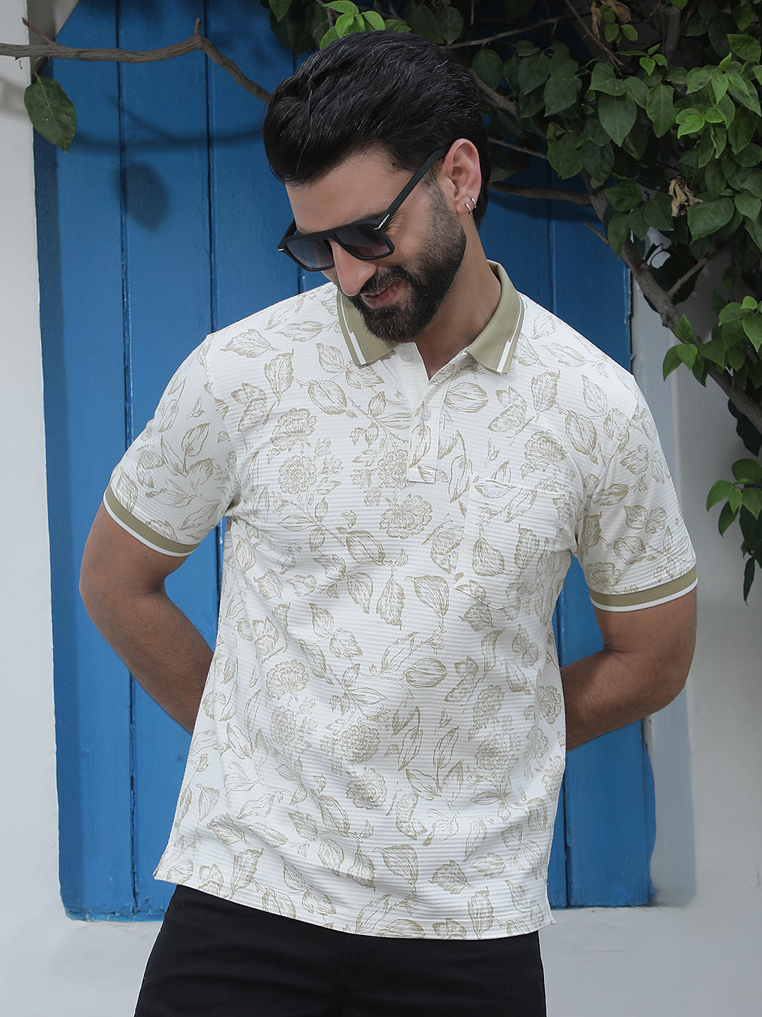 White Floral Print Polo Neck T-Shirt