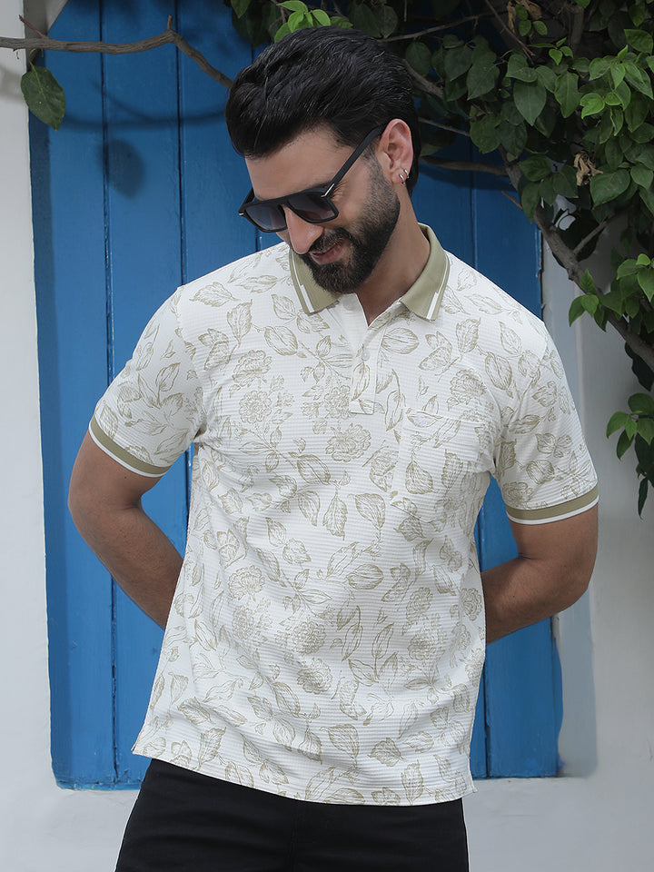 White Floral Print Polo Neck T-Shirt