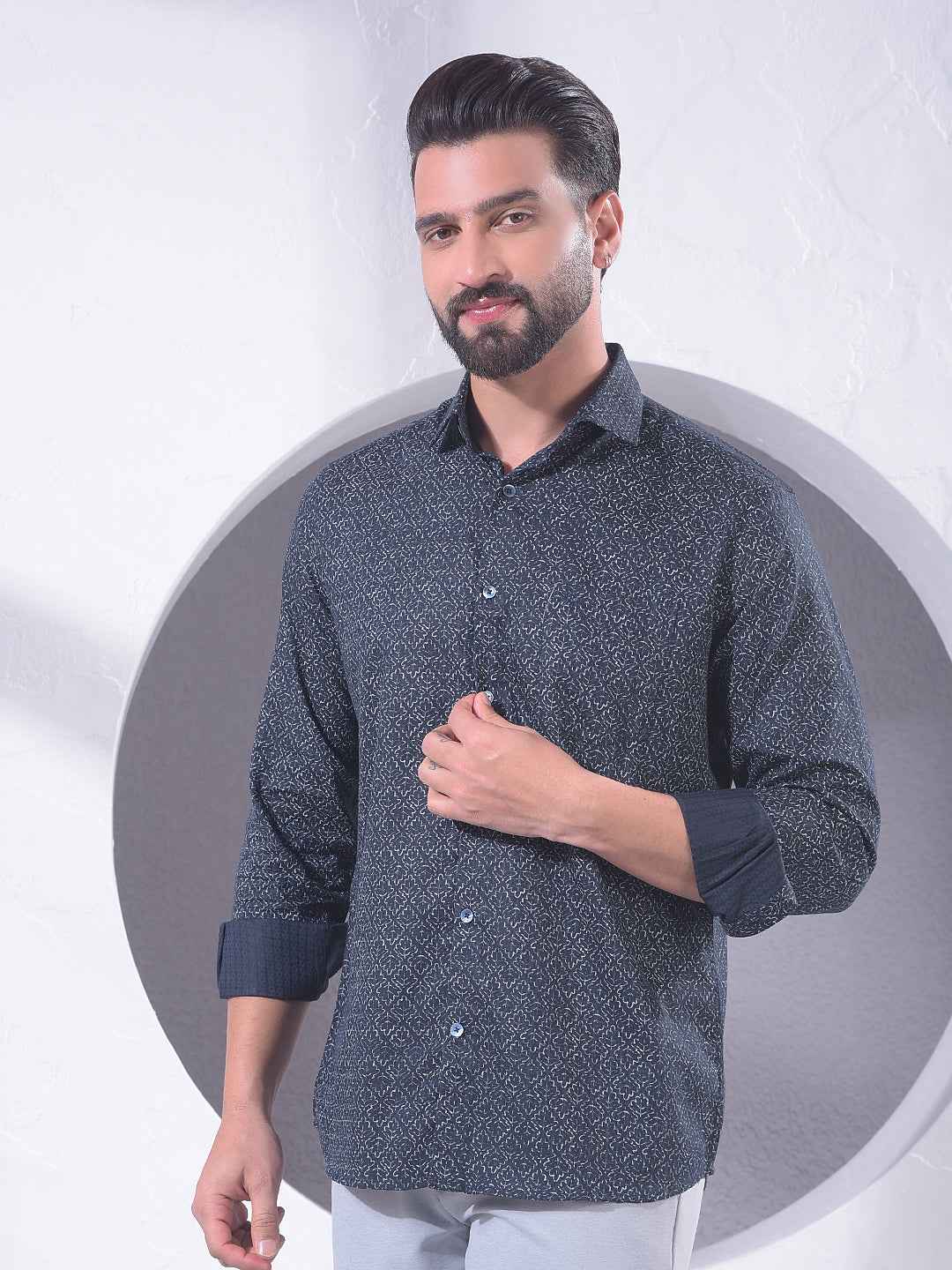 Navy Blue Floral Print Shirt