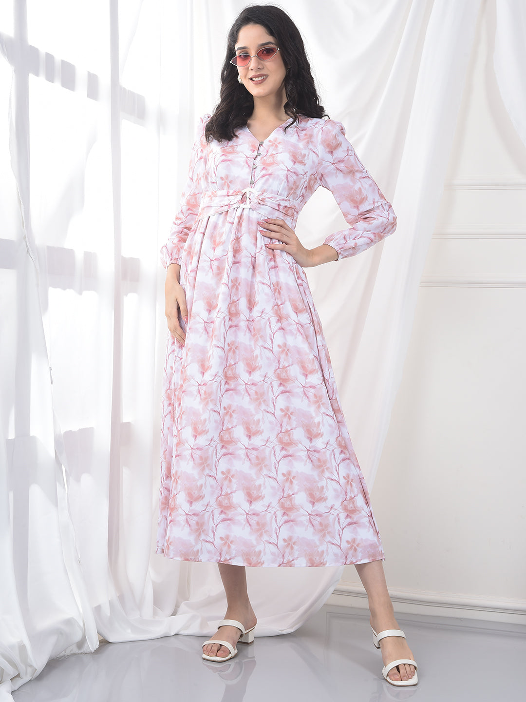 Peach Floral Print V-Neck A-Line Dress-Women Dress-Crimsoune Club