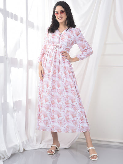 Peach Floral Print V-Neck A-Line Dress-Women Dress-Crimsoune Club