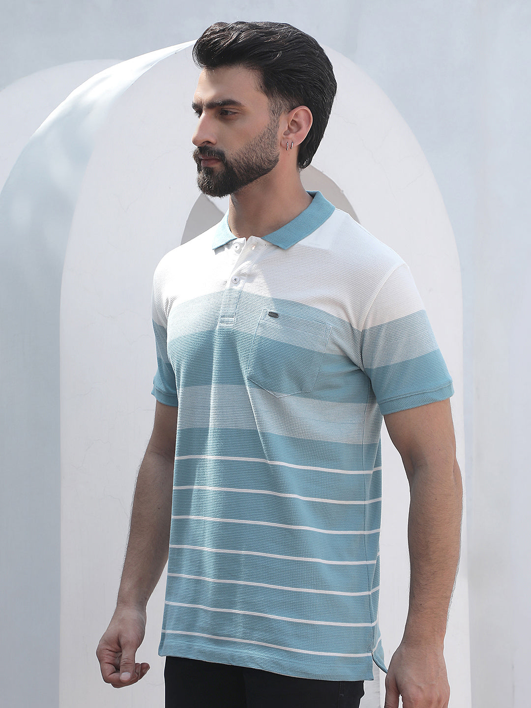 Green Horizontal Striped Polo Neck T-Shirt