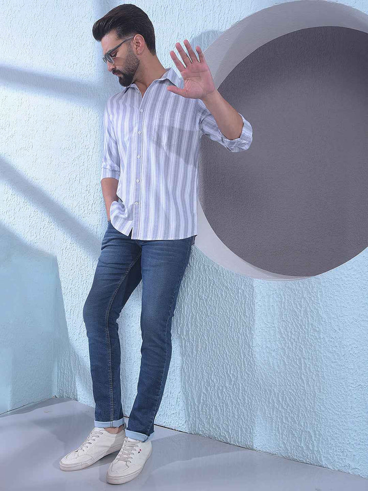 Grey 100% Cotton Vertical Stripes Shirt