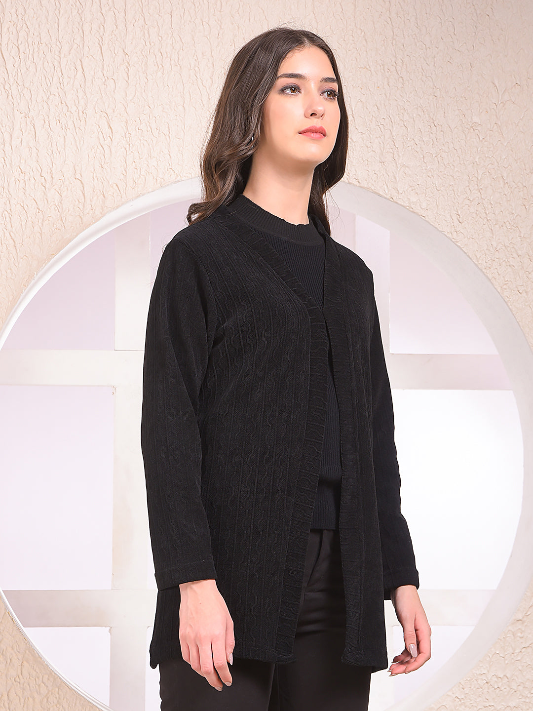 Black Printed V-Neck Open Front Shrug