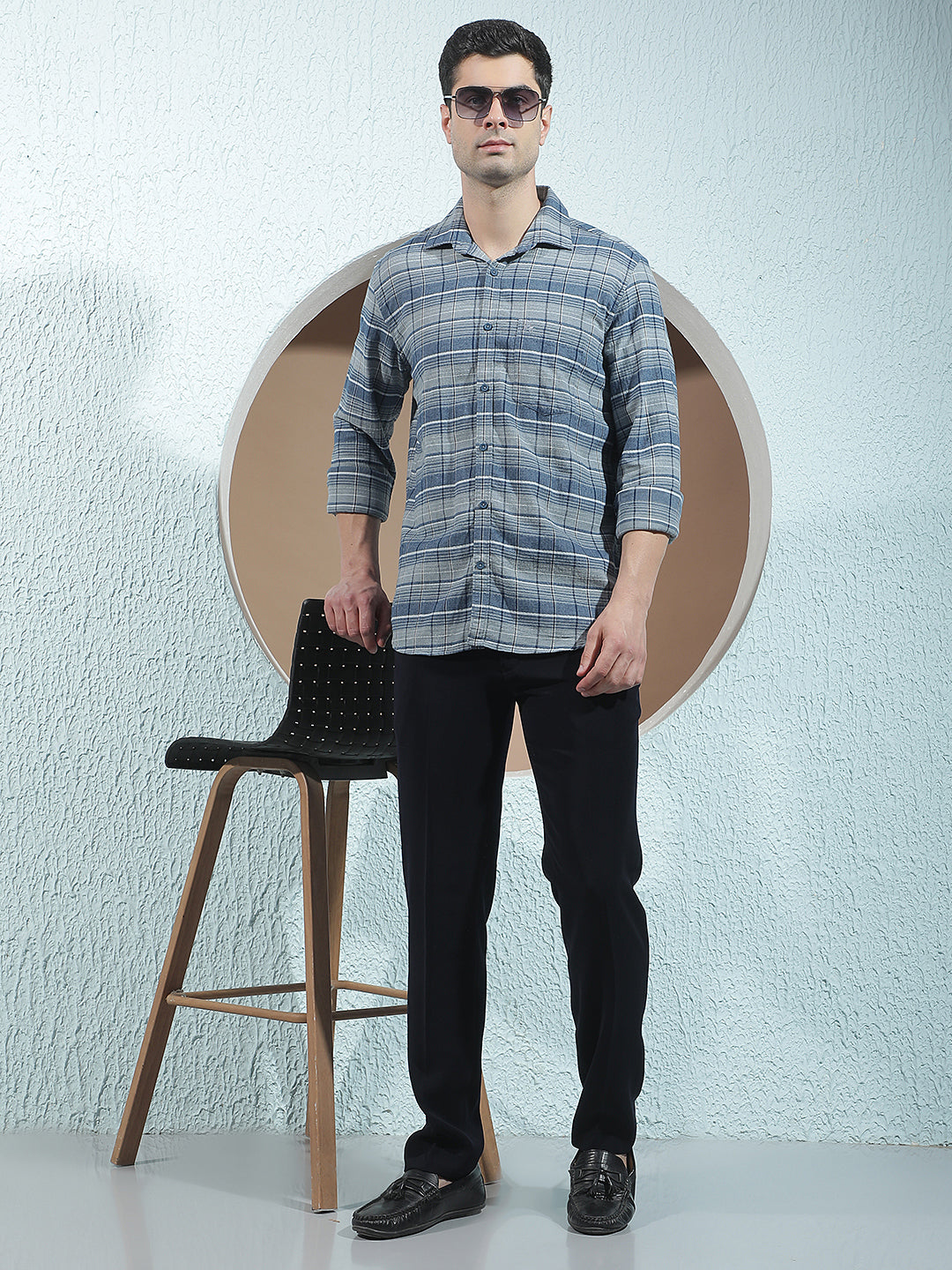 Teal Blue 100% Cotton Checked Shirt