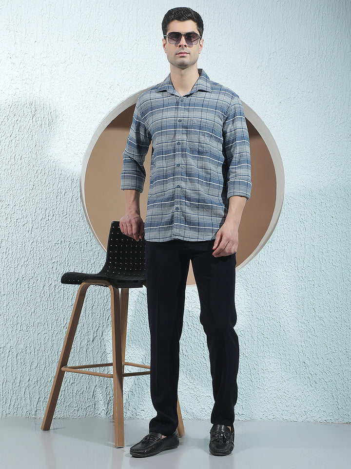 Teal Blue 100% Cotton Checked Shirt