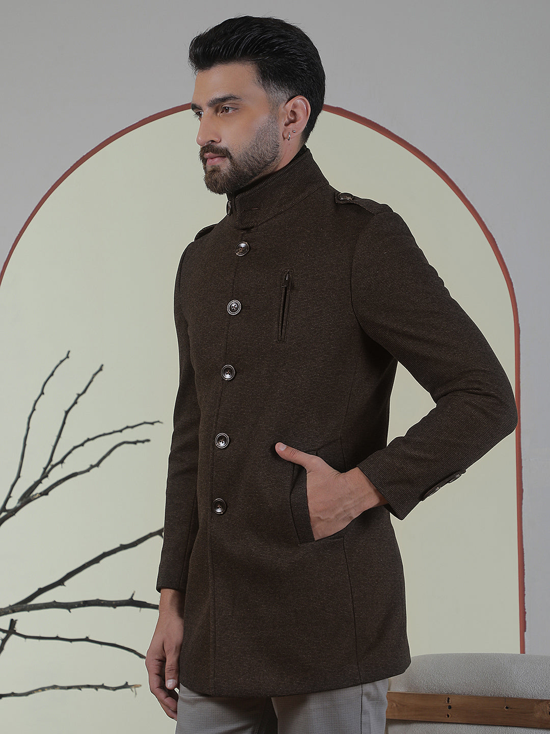 Brown Longline Stand Collar Coat