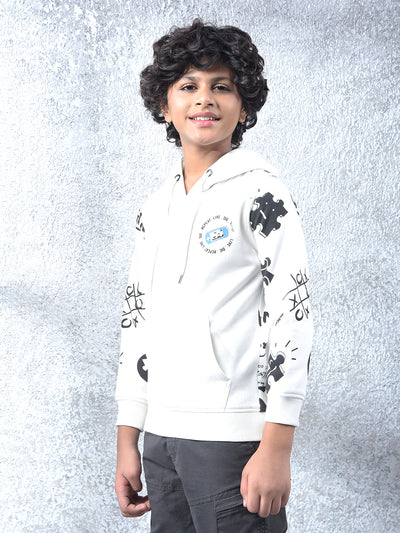 White Printed Hooded Neck Sweatshirt