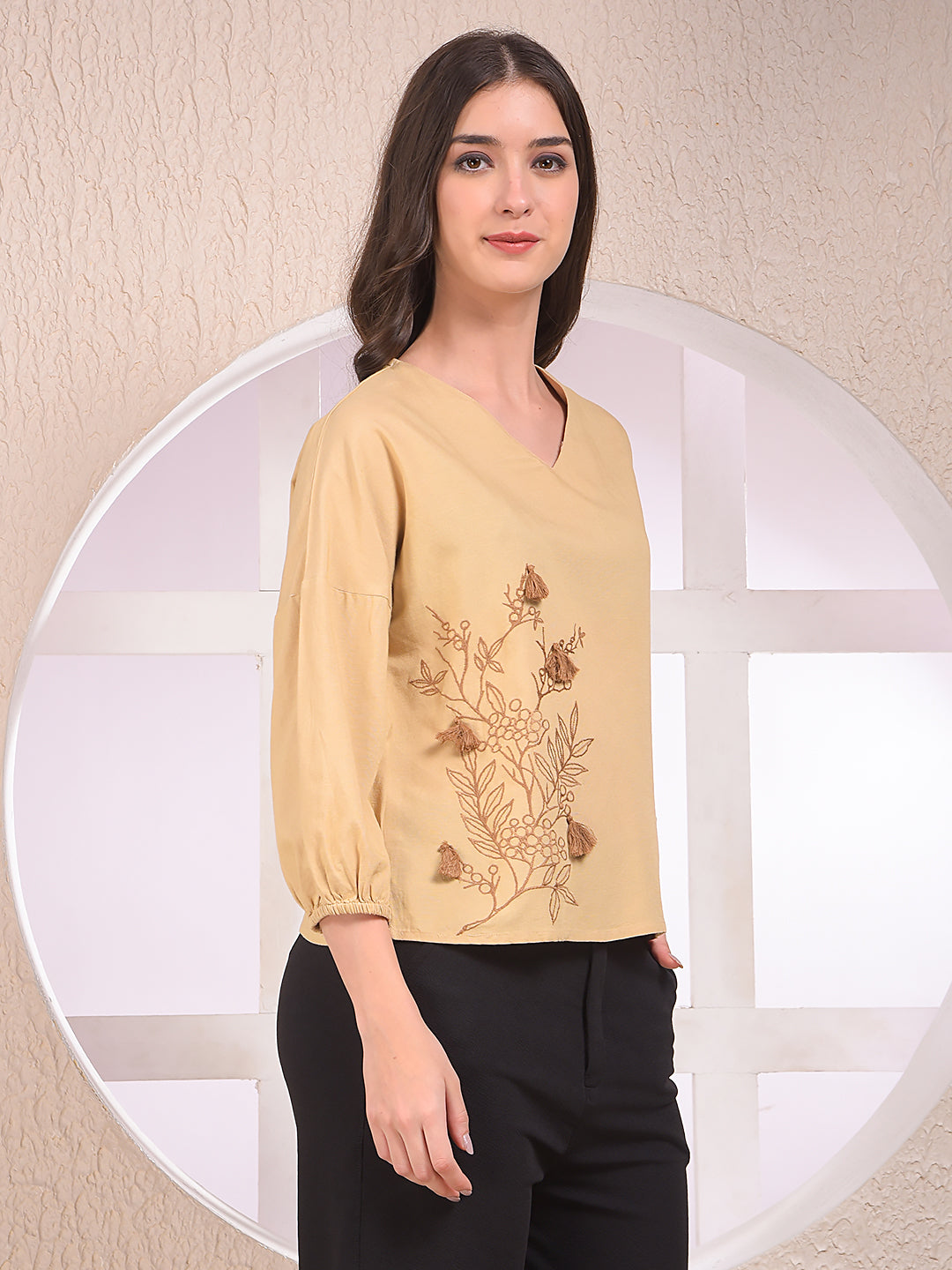 Olive Embroidered V-Neck Top