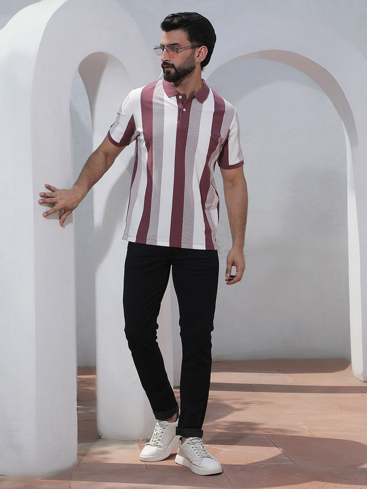 Purple Vertical Striped Polo Neck T-Shirt