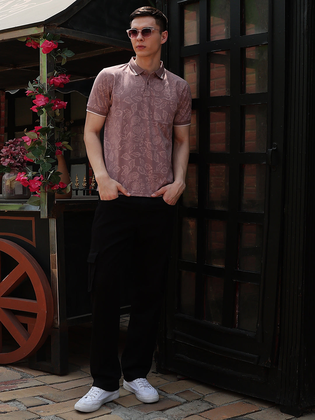 Purple Floral Print Polo Neck T-Shirt
