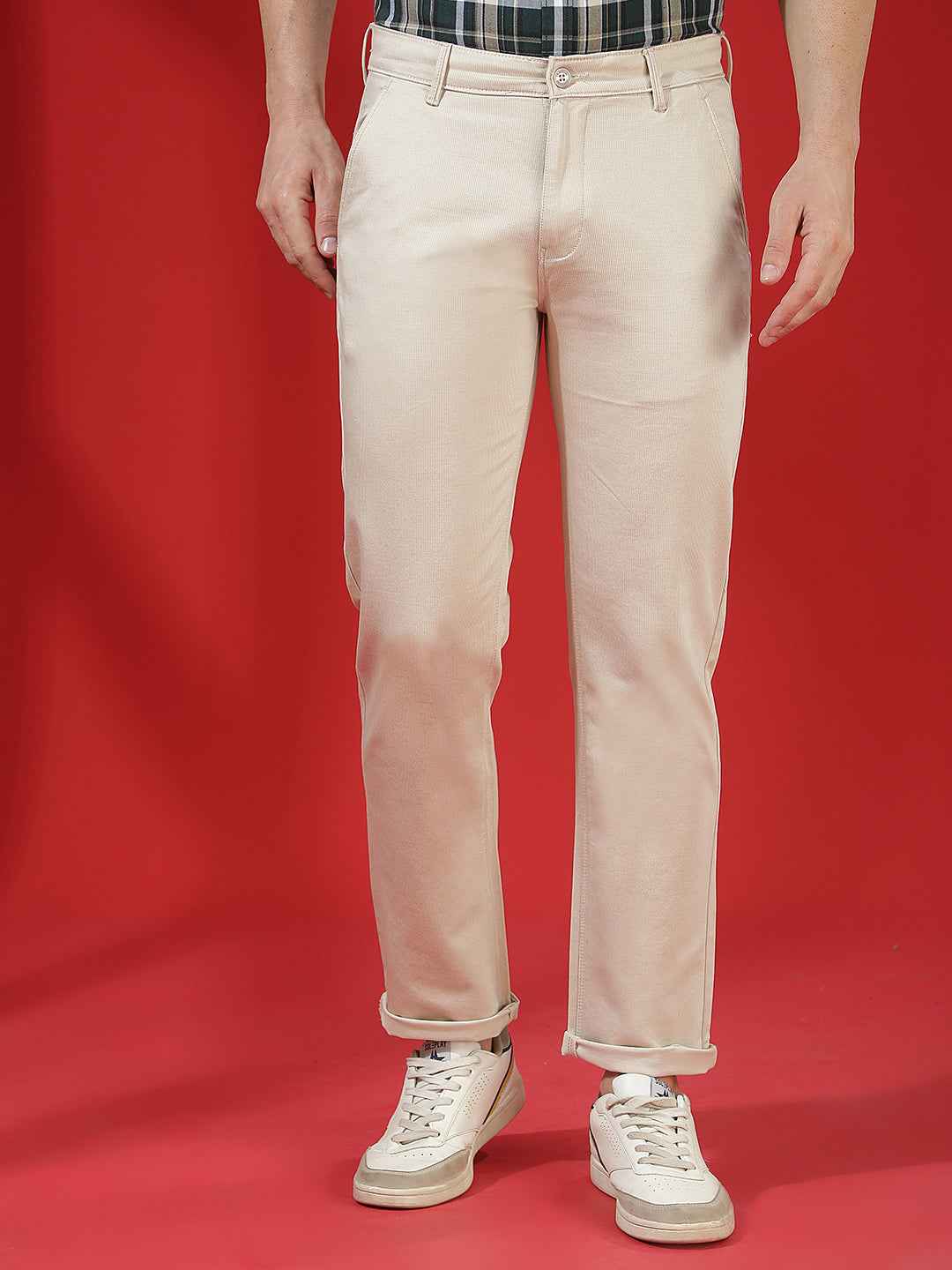 Beige 100% Cotton Geometric Print Straight Trousers