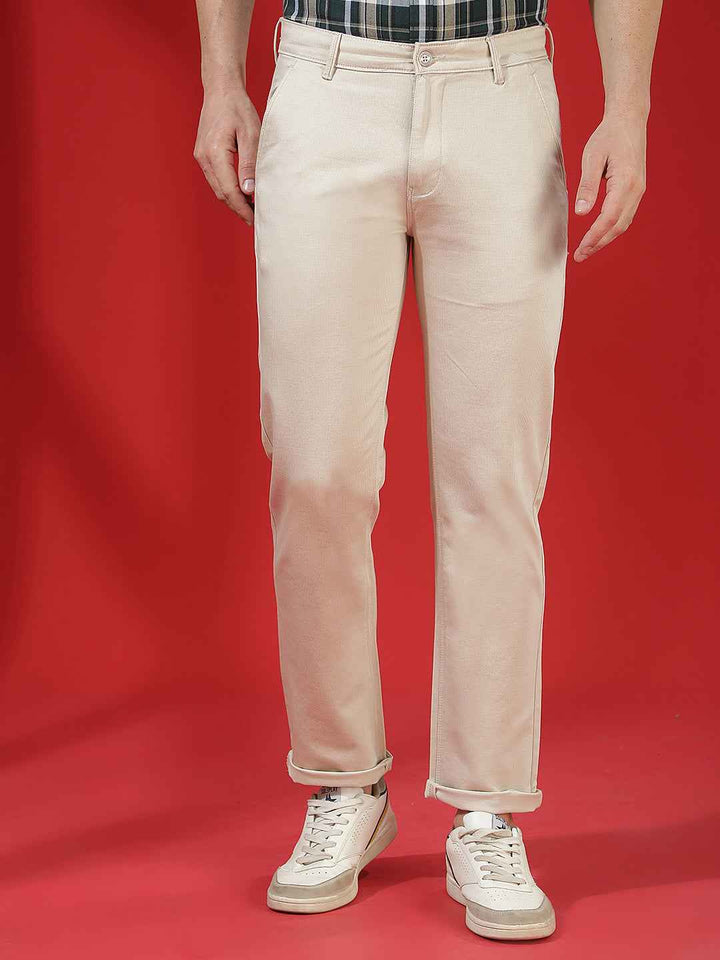 Beige 100% Cotton Geometric Print Straight Trousers