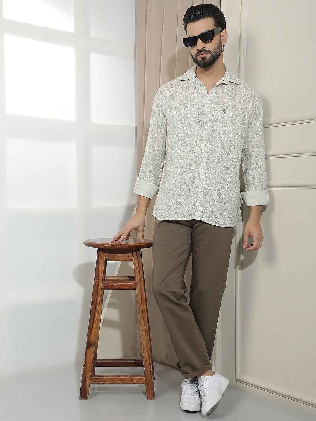 Linen Green Floral Print Shirt