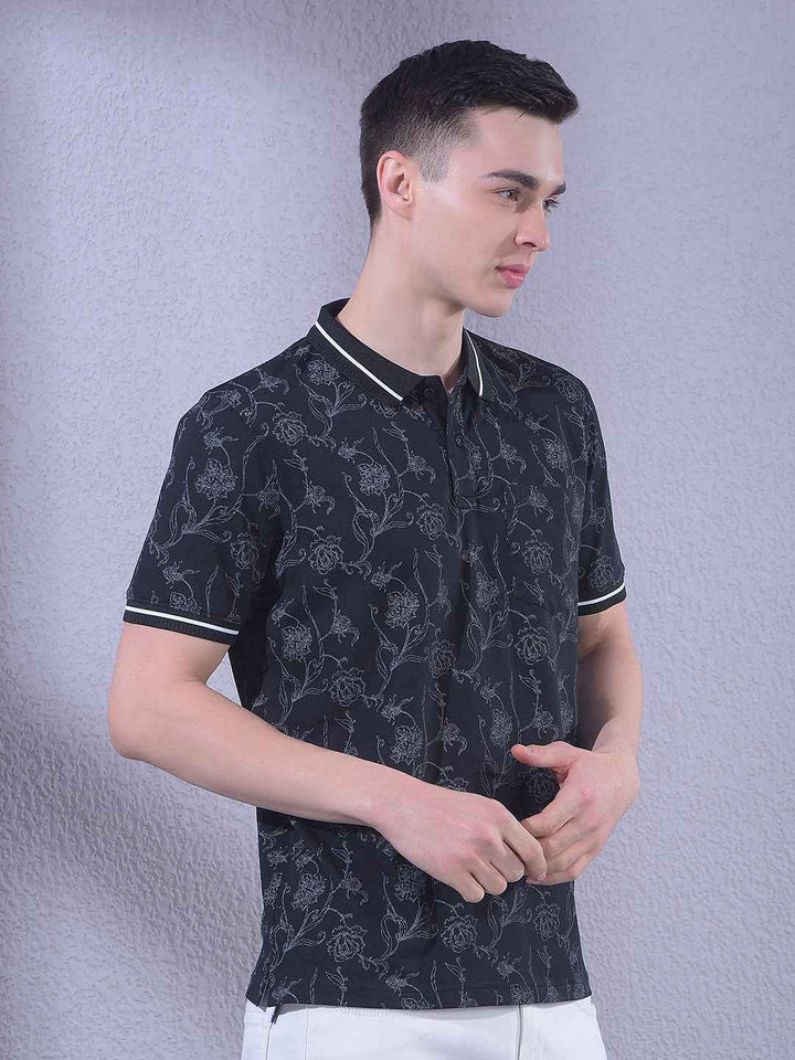 Black Floral Print Polo Neck T-Shirt