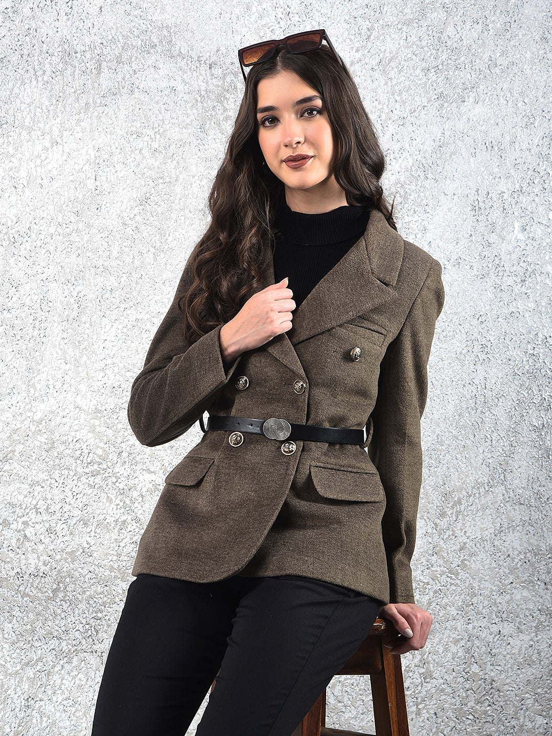Brown Notched Lapel Double-Breasted Coat With Belt