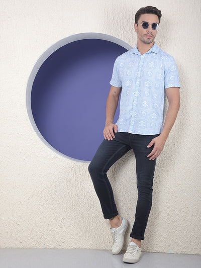 Blue Floral Printed 100% Cotton Shirt
