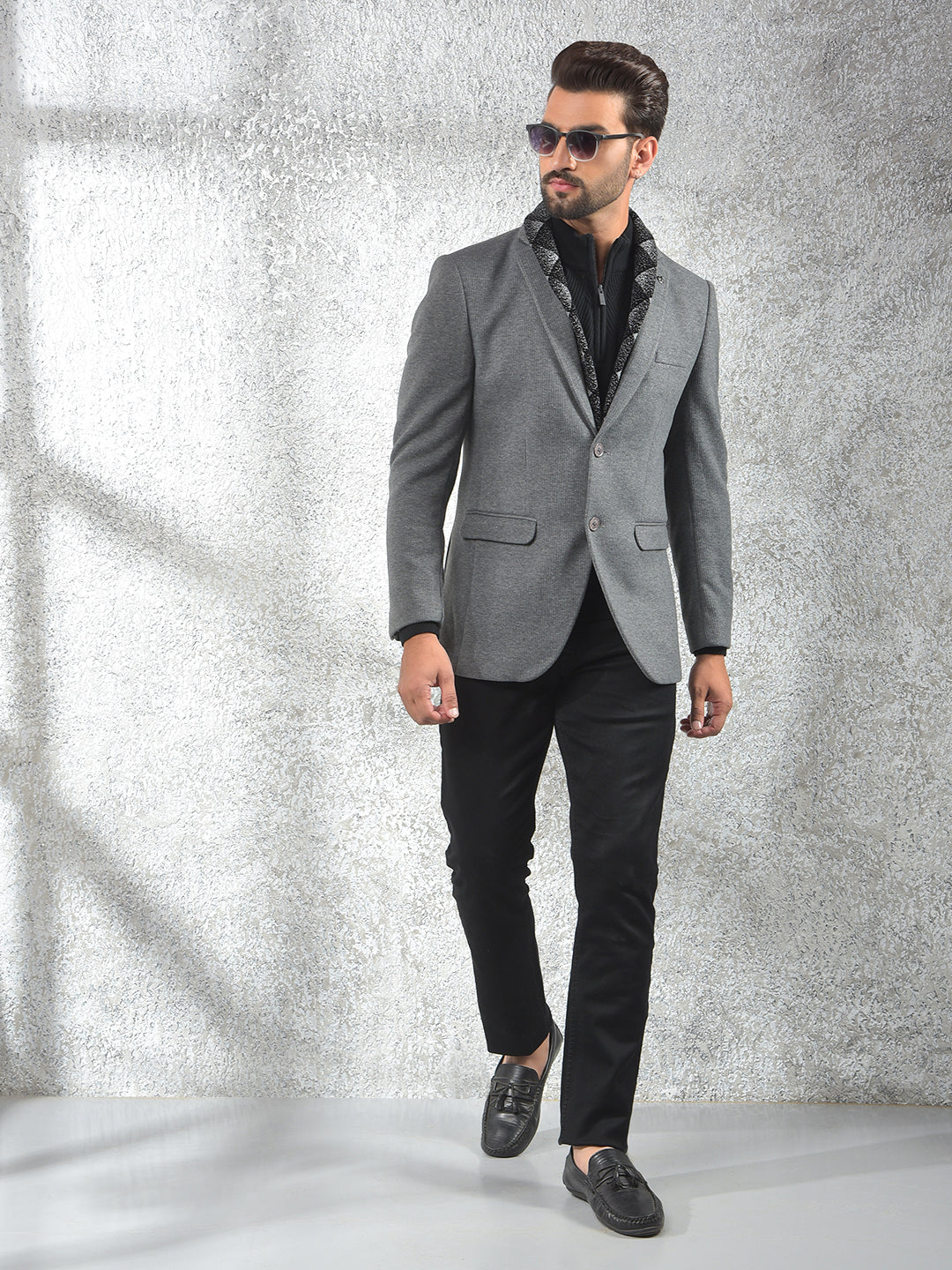 Grey Notched Lapel Single-Breasted Blazer