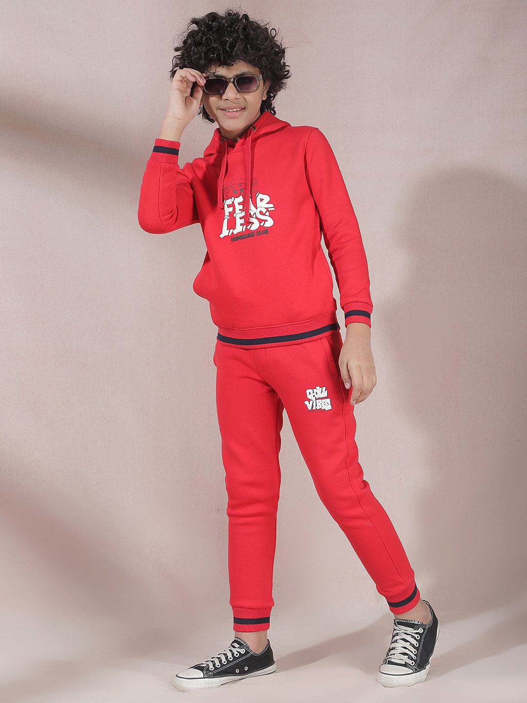 Red Typographic Print Hooded Neck Sweatshirt