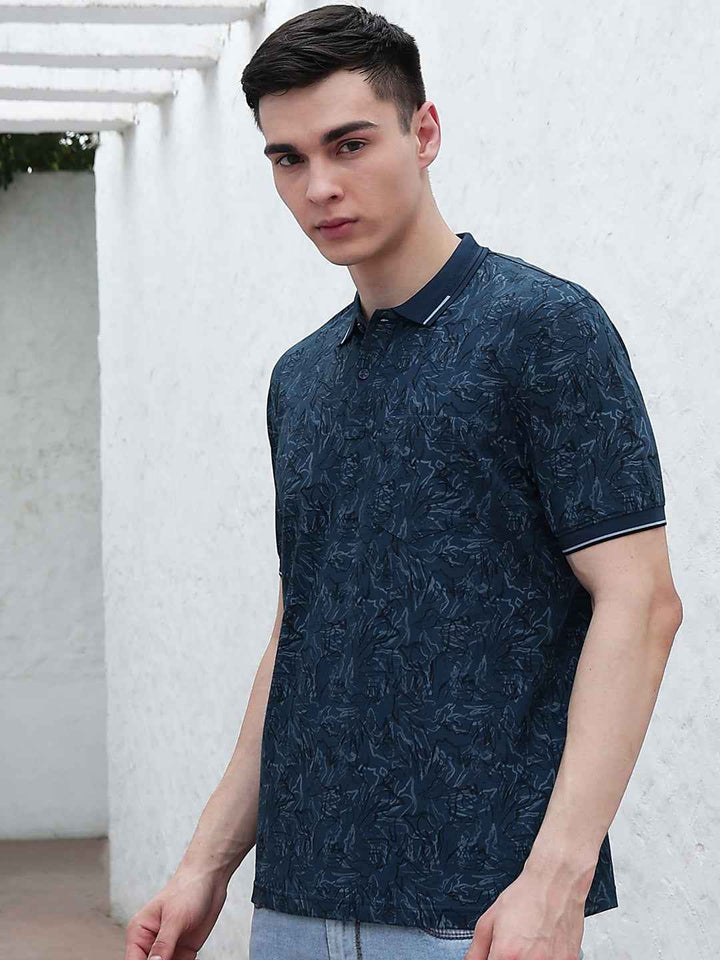 Blue Floral Print Polo Neck T-Shirt