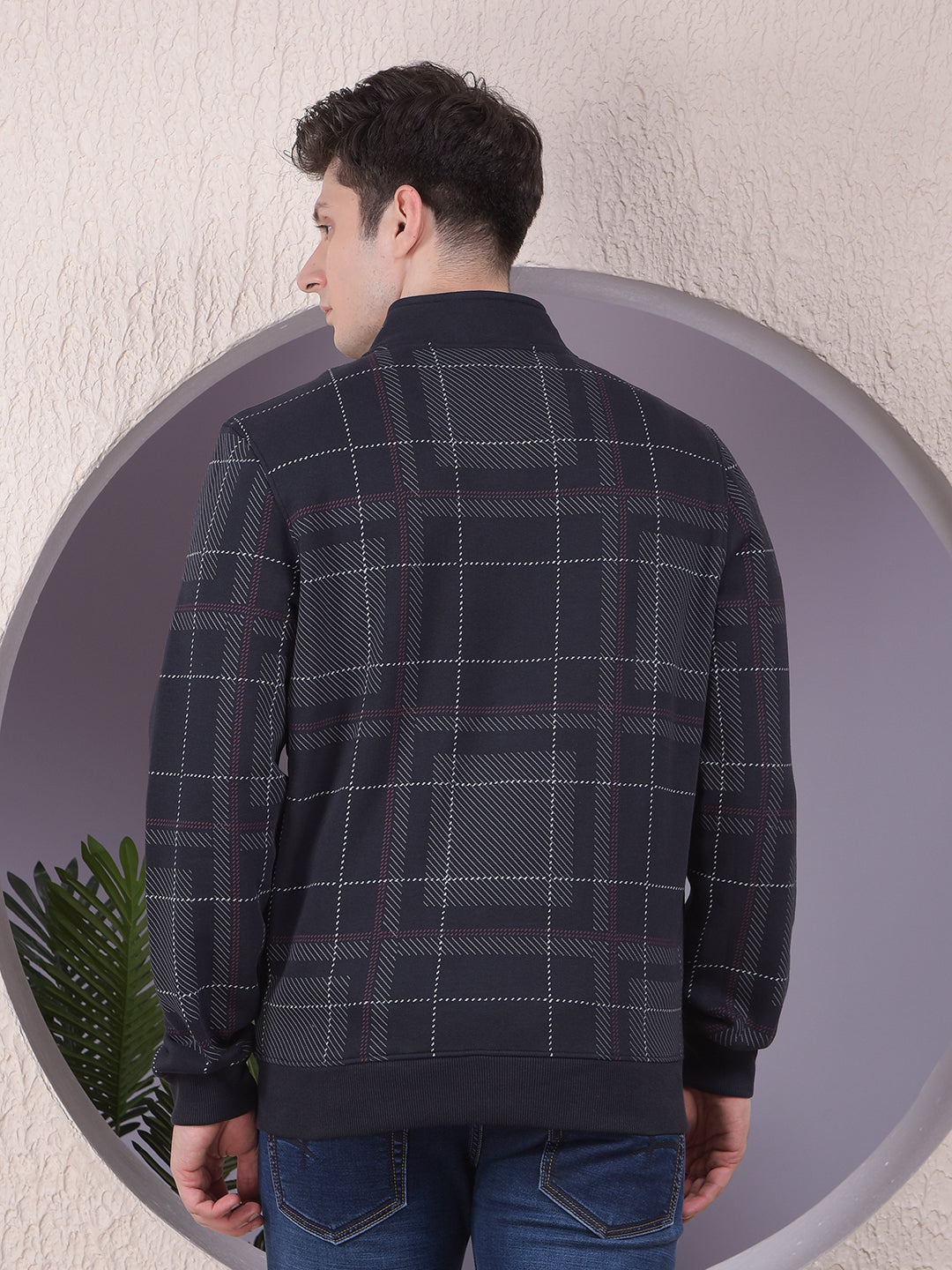 Sleek Navy Blue Checked Sweatshirt