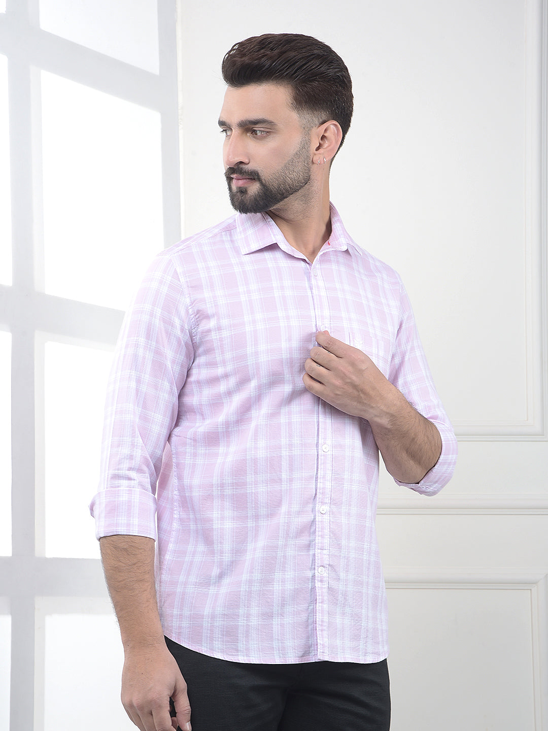 Casual Edit Pink Checked 100% Cotton Shirt