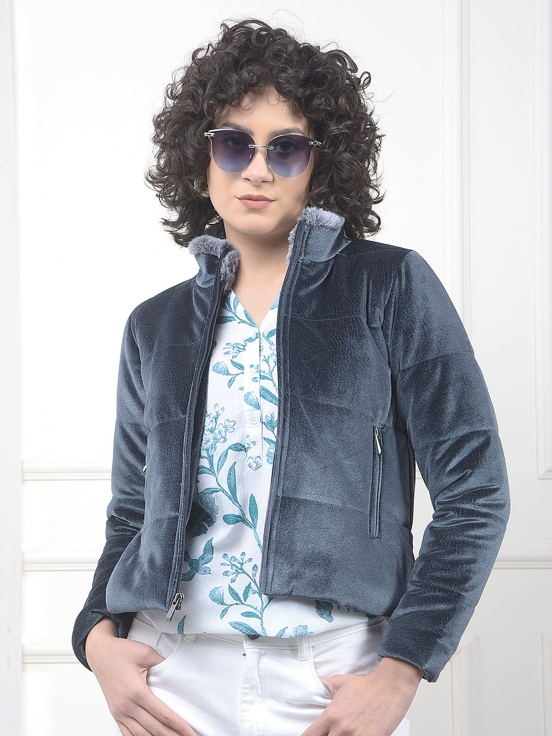Blue High Neck Cropped Jacket