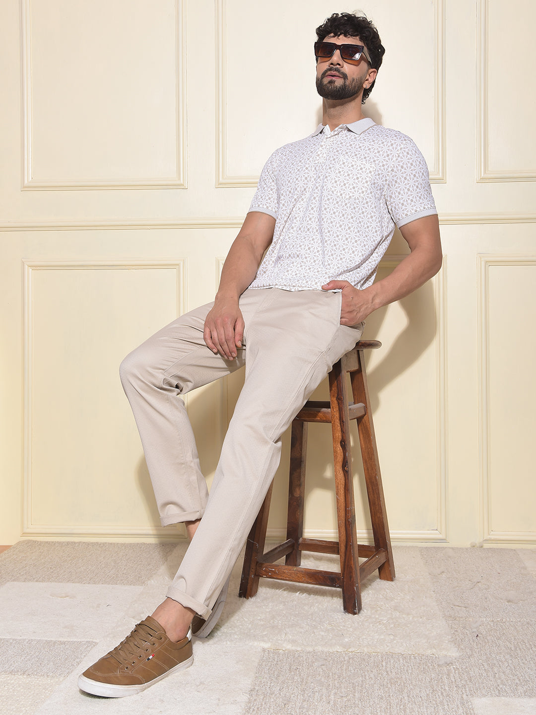 Beige Printed Polo-Neck T-Shirt