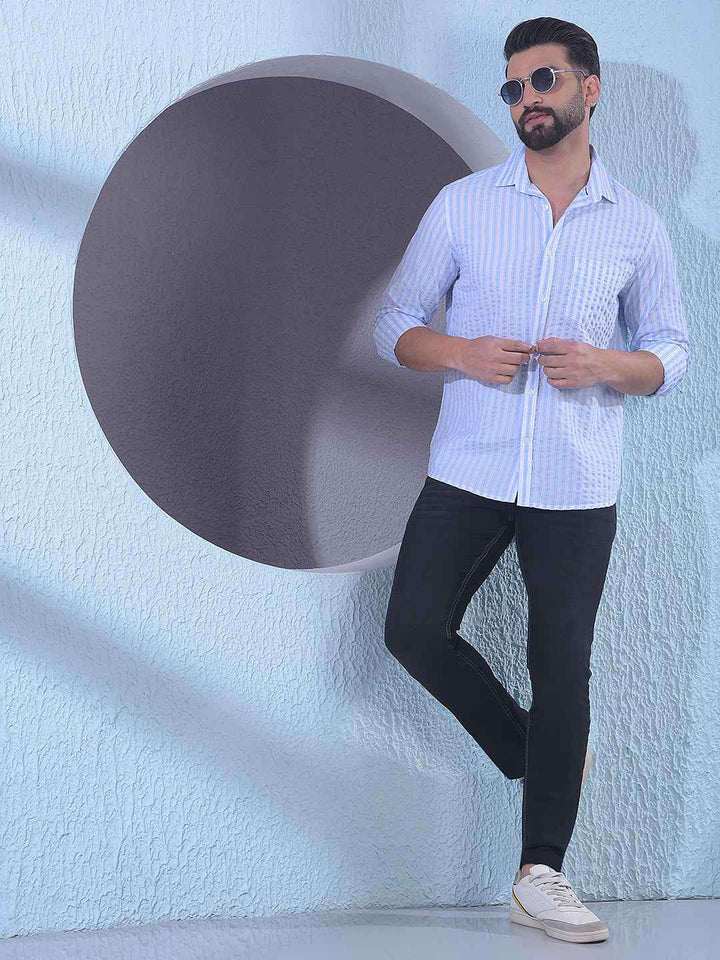 Blue 100% Cotton Vertical Stripes Shirt