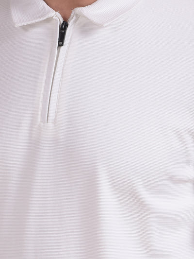 White Jacquard Polo Neck Knitted Sweatshirt