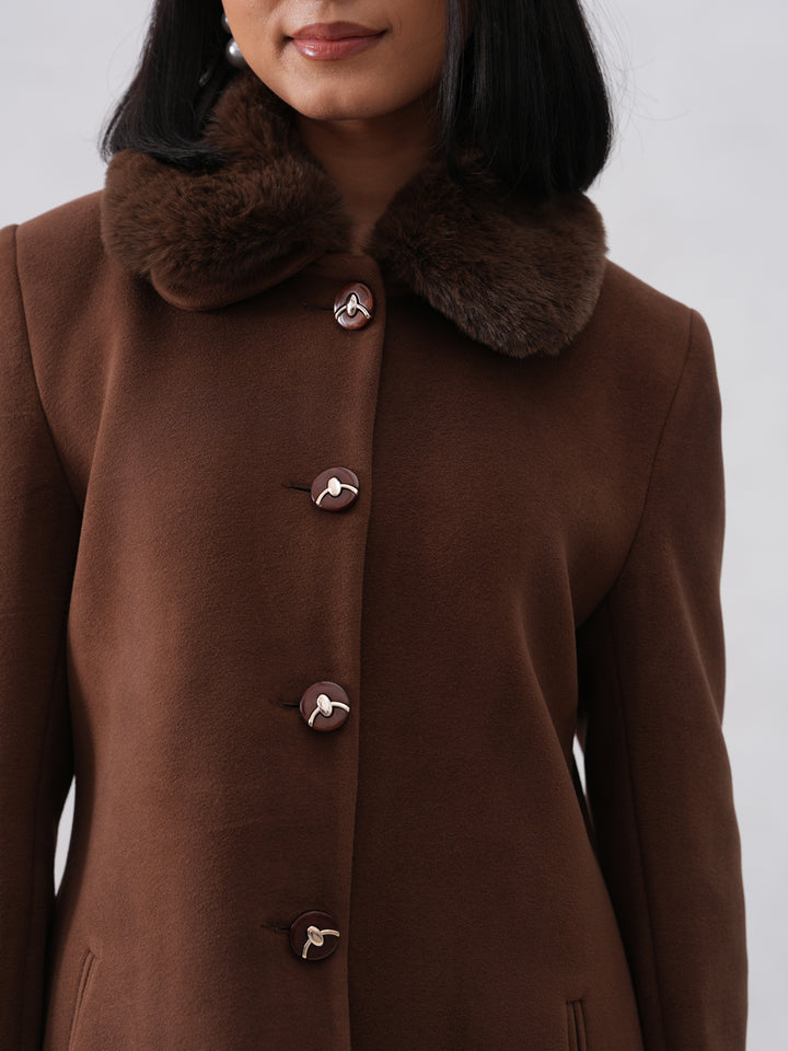 Faux Fur Collar Brown Coat