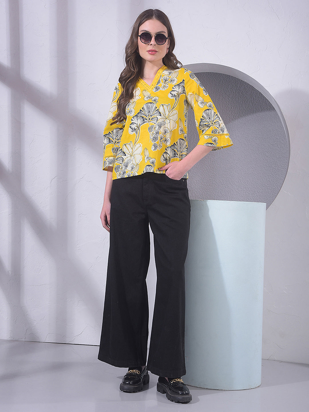 Mustard Floral Print V-Neck Top