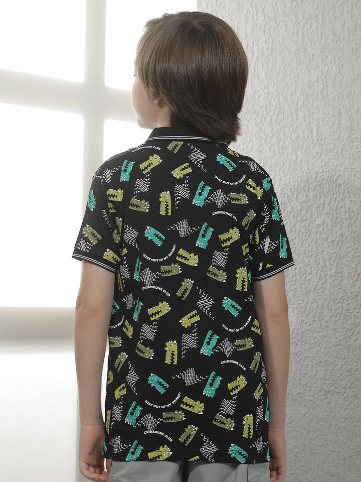 Black Abstract Print Polo T-Shirt