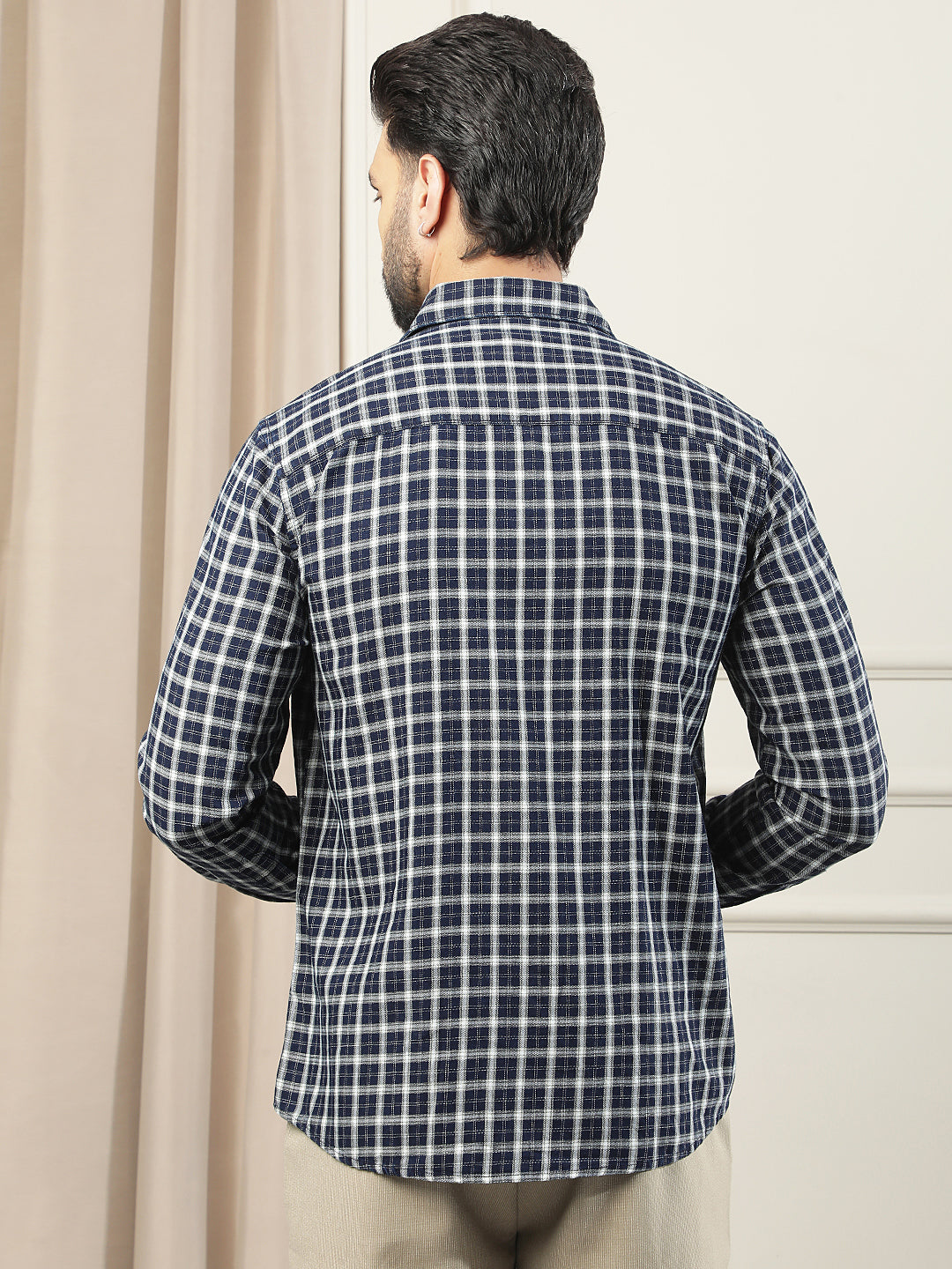 Navy Blue 100% Cotton Checked Shirt