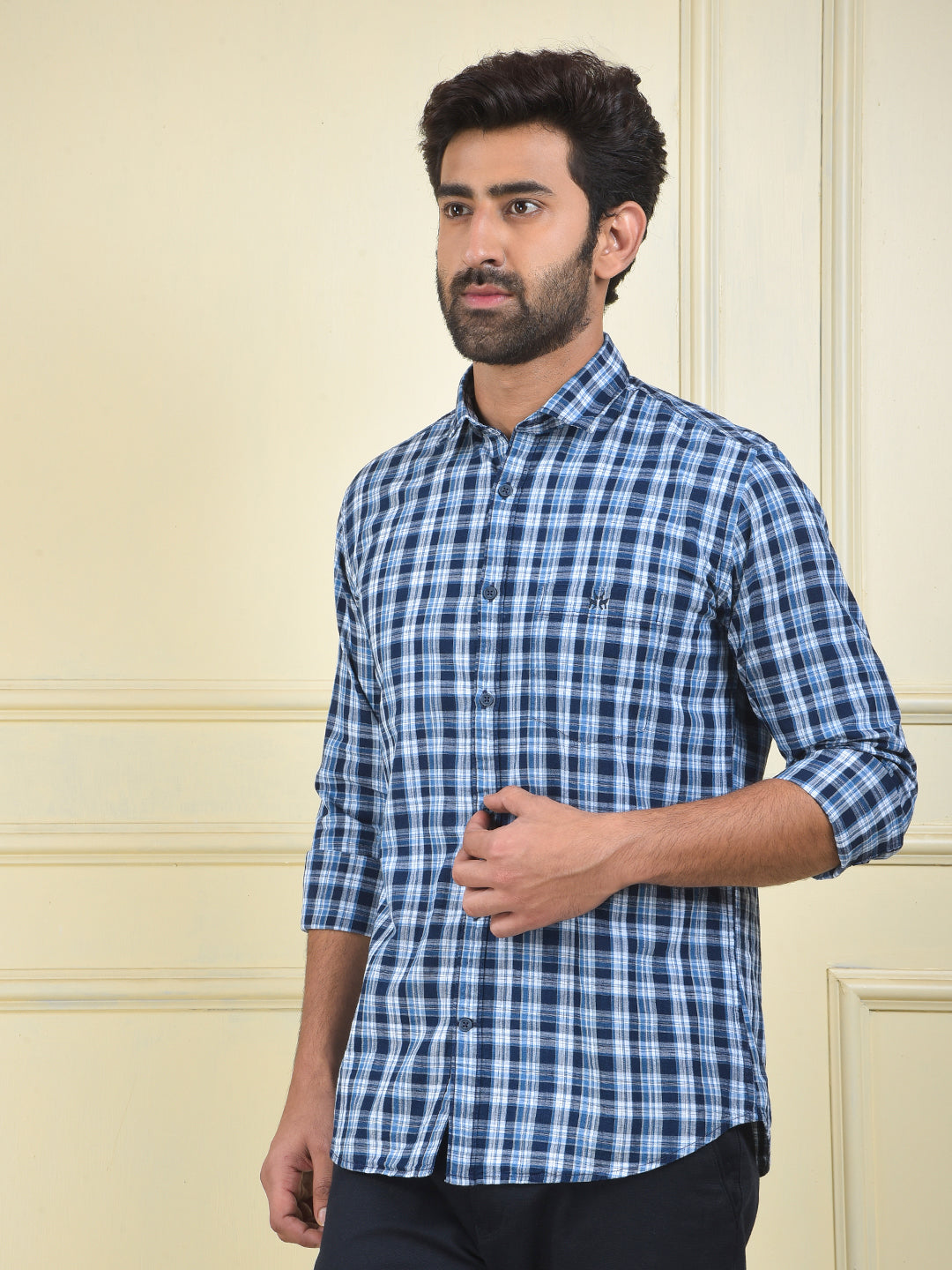 Navy Blue Checked 100% Cotton Shirt