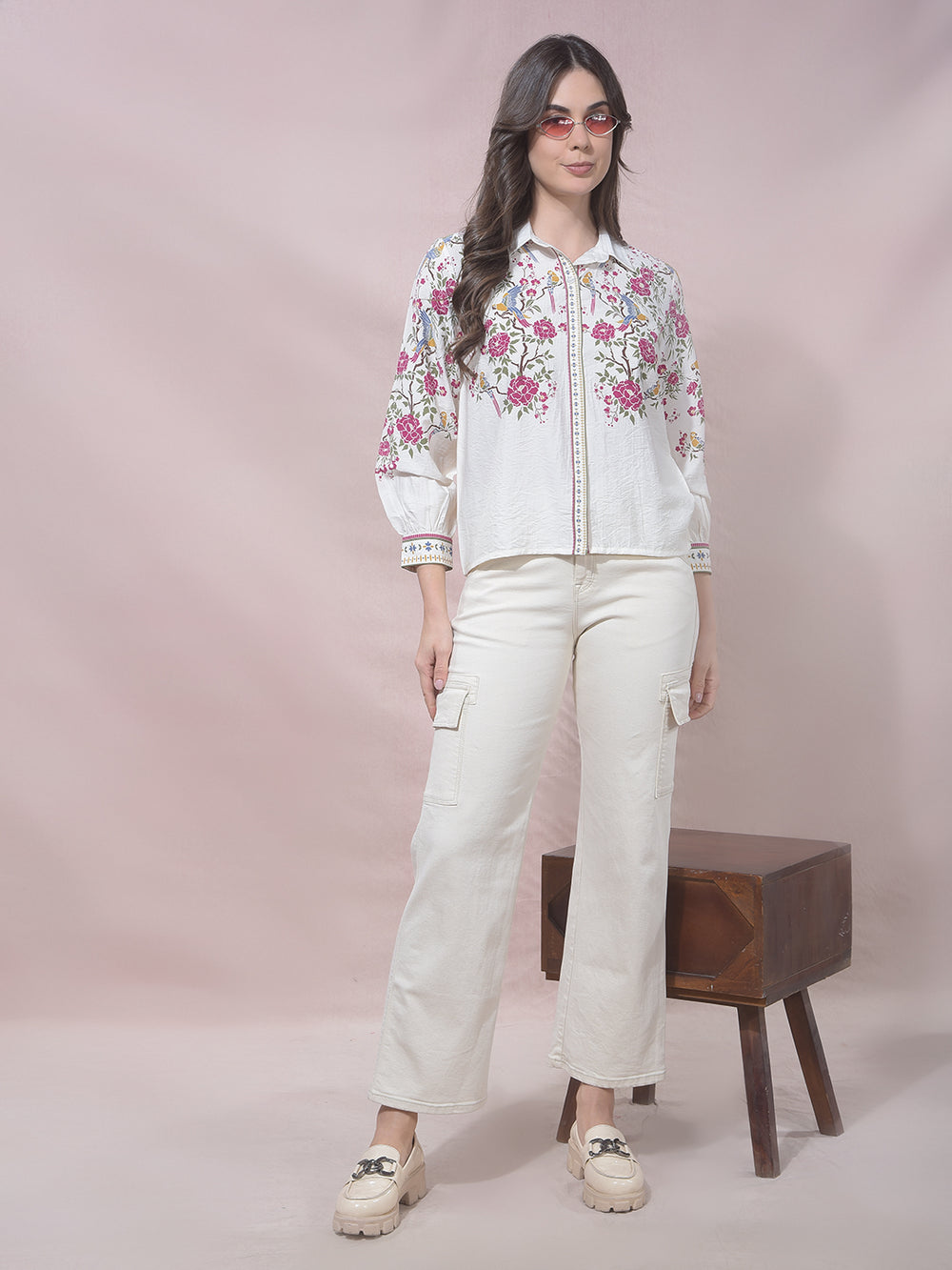 Off White Floral Print Shirt