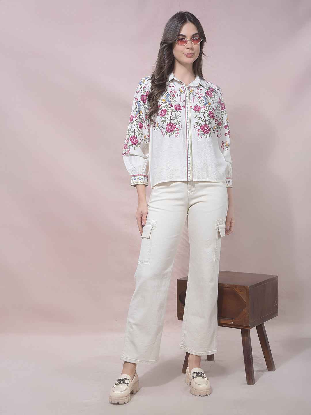 Off White Floral Print Shirt