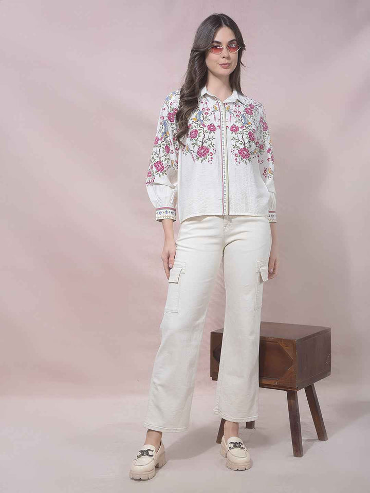 Off White Floral Print Shirt