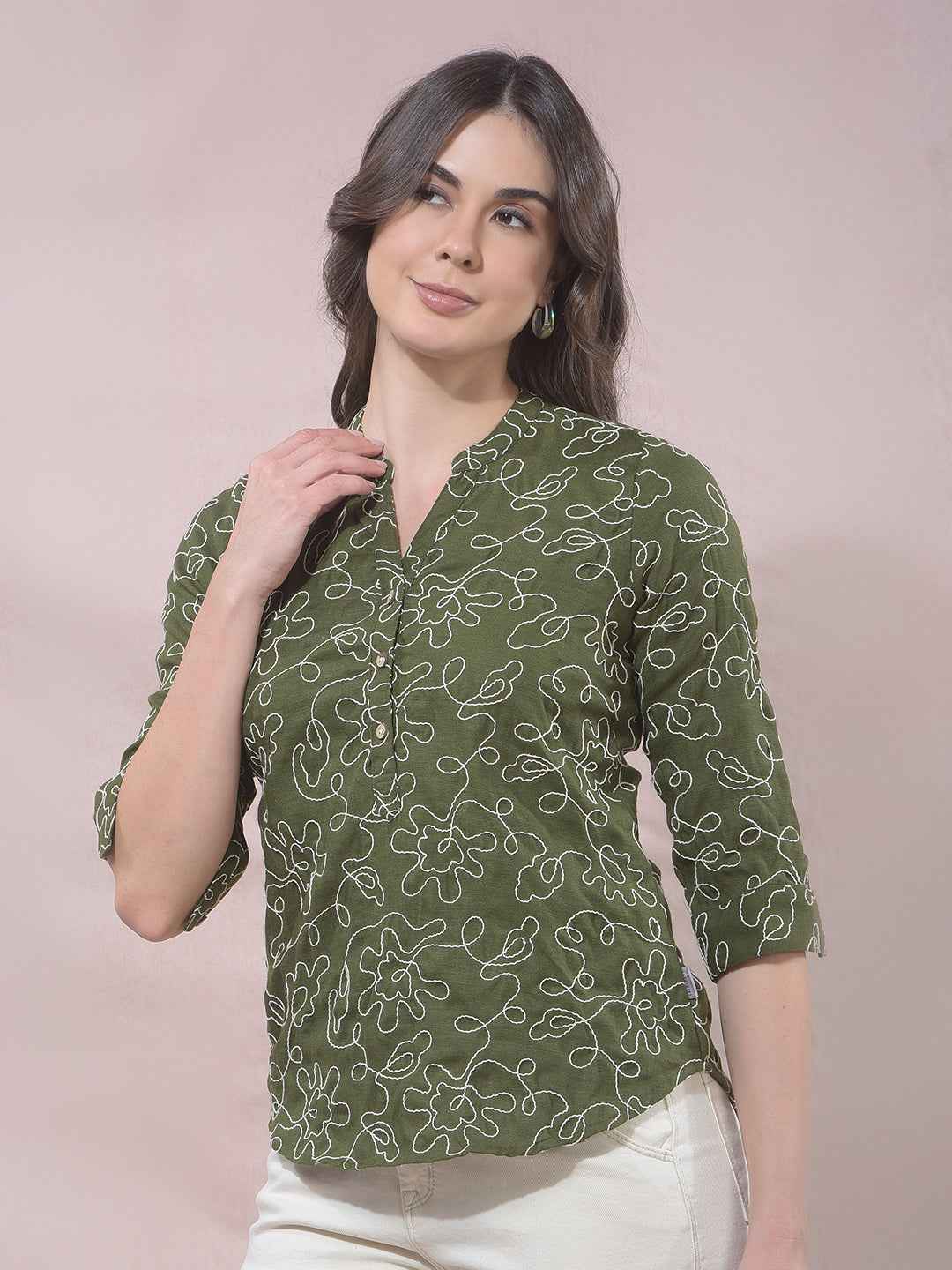 Green Embroidered V-Neck Top